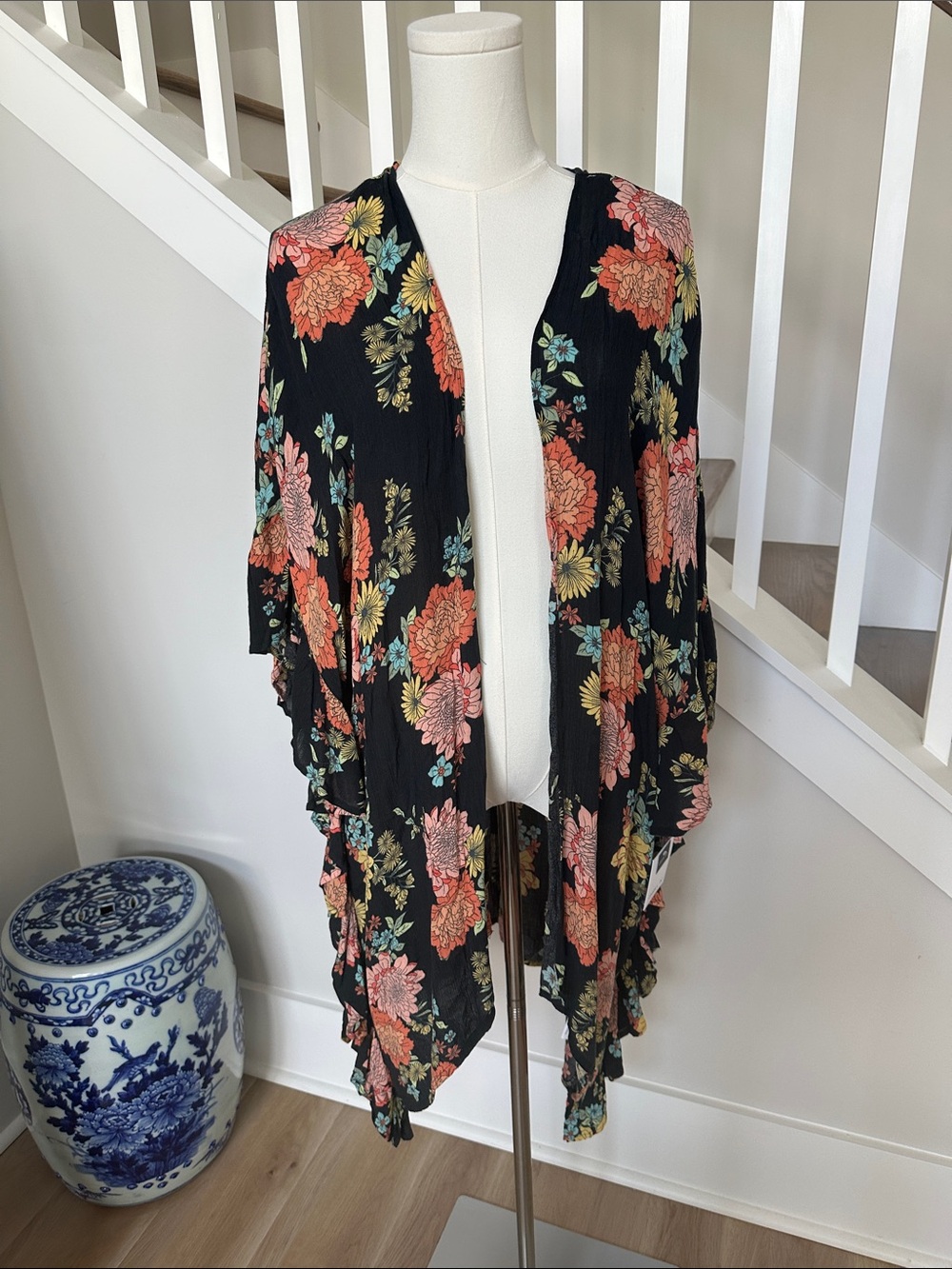 O'Neill Black Floral Kimono Coverup with Coral, Yellow & Aqua Blooms